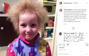 自分で髪を切ってしまった直後のシーラちゃん（画像は『Shilah Madison Calvert-Yin　2017年8月3日付Instagram「Just like every little girl you decide to give yourself a haircut!」』のスクリーンショット）