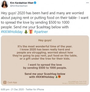 「愛を広めたい」と記されたキムのメッセージ（画像は『Kim Kardashian West　2020年12月21日付Twitter「Hey guys! 2020 has been hard and many are worried about paying rent or putting food on their table」』のスクリーンショット）