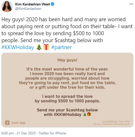 「愛を広めたい」と記されたキムのメッセージ（画像は『Kim Kardashian West　2020年12月21日付Twitter「Hey guys! 2020 has been hard and many are worried about paying rent or putting food on their table」』のスクリーンショット）
