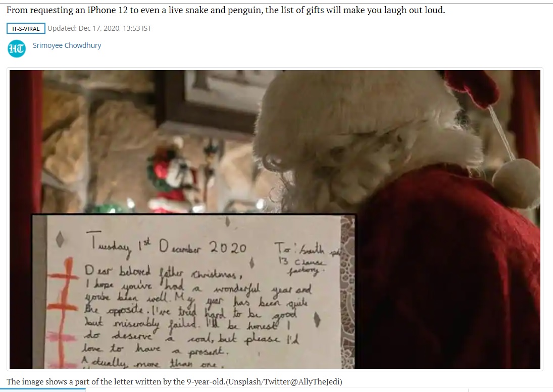 サンタに何をお願いするのか、子供たちにとっては真剣な悩みだが…（画像は『Hindustan Times　2020年12月17日付「From Planet Earth, Milky Way: 9-year-old girl’s letter to Santa has netizens in splits」（Unsplash/Twitter＠AllyTheJedi）』のスクリーンショット）