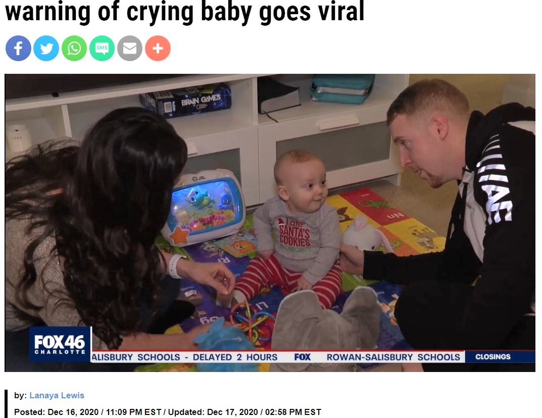 生後6か月の息子の寝かしつけに苦労している夫婦（画像は『FOX 46 Charlotte　2020年12月17日付「Heartwarming response to neighbor’s letter warning of crying baby goes viral」』のスクリーンショット）