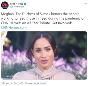 「静かなヒーロー達」を称えたメーガン妃（画像は『CNN Heroes　2020年12月14日付Twitter「Meghan, The Duchess of Sussex honors the people working to feed those in need during the pandemic on CNN Heroes」』のスクリーンショット）