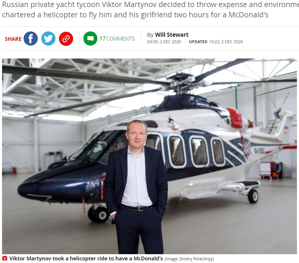 マクドナルドで食事をするため往復28万円かけて移動した男性（画像は『Mirror　2020年12月2日付「Millionaire pays ￡2,000 for two-hour helicopter trip to eat Big Mac and fries」（Image: Dmitry Porechnyy）』のスクリーンショット）