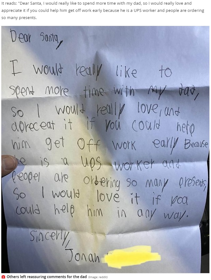 男の子が書いたサンタクロースへの手紙（画像は『Mirror　2020年12月5日付「Delivery driver left in tears after opening son’s heartbreaking letter to Santa」（Image: reddit）』のスクリーンショット）