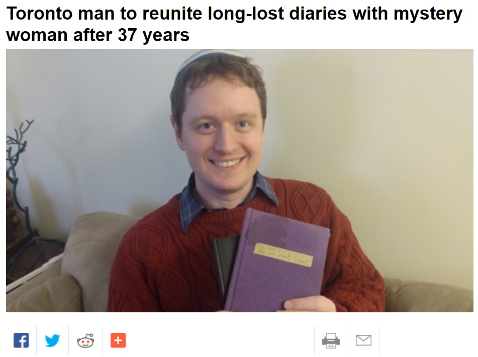 37年前の日記を無事持ち主に届けることができた男性（画像は『CP24　2020年12月28日付「Toronto man to reunite long-lost diaries with mystery woman after 37 years」』のスクリーンショット）