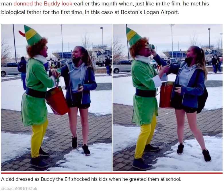 父グレゴリーさんのドッキリに爆笑するアレイナさん（画像は『New York Post　2020年12月24日付「Dad dressed as Buddy the Elf surprises mortified daughter at school」（＠coach1091/TikTok）』のスクリーンショット）