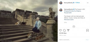 ウィンザー城にて、女王と（左上から）ウィロー、バルカン、ホリー、キャンディ（画像は『The Royal Family　2016年4月21日付Instagram「The Queen is 90!」』のスクリーンショット）