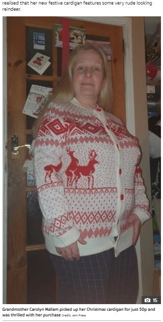 可愛いカーディガンを安く購入できて喜んでいたキャロラインさん（画像は『The Sun　2020年12月16日付「RUDE-OLPH Woman in hysterics after gran accidentally buys rude Christmas jumper - but she’s not the only one with X-rated clothes」（Credit: Jam Press）』のスクリーンショット）