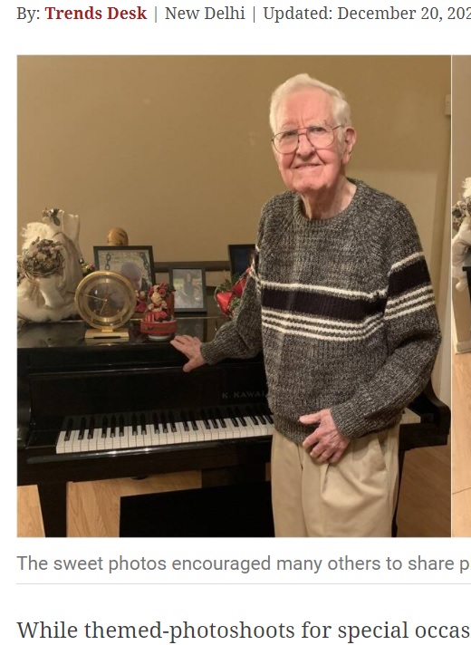ピアノの前でポーズを決めた90歳男性（画像は『The Indian Express　2020年12月20日付「Elderly man’s birthday photoshoot wins the internet」』のスクリーンショット）
