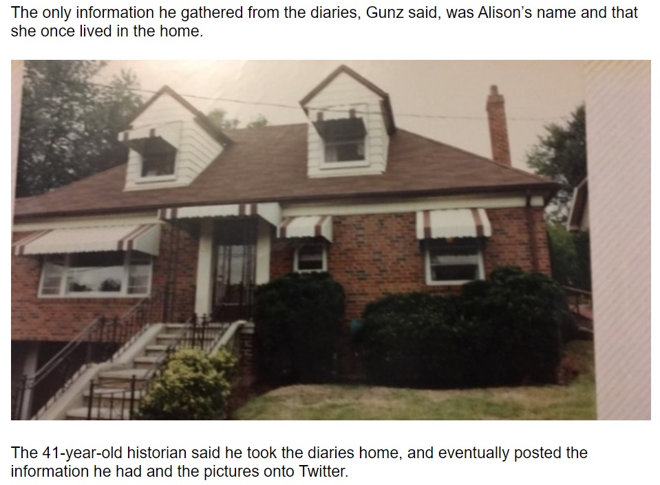 アリソンさんが子どもの頃に住んでいた家の写真（画像は『CP24　2020年12月28日付「Toronto man to reunite long-lost diaries with mystery woman after 37 years」』のスクリーンショット）
