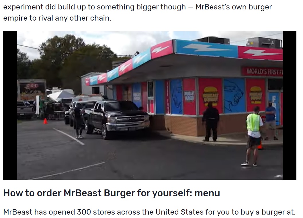 ドライブスルー方式でハンバーガーや現金をプレゼント（画像は『Dexerto　2020年12月20日付「What is MrBeast Burger? YouTuber opens up restaurants with free food」』のスクリーンショット）