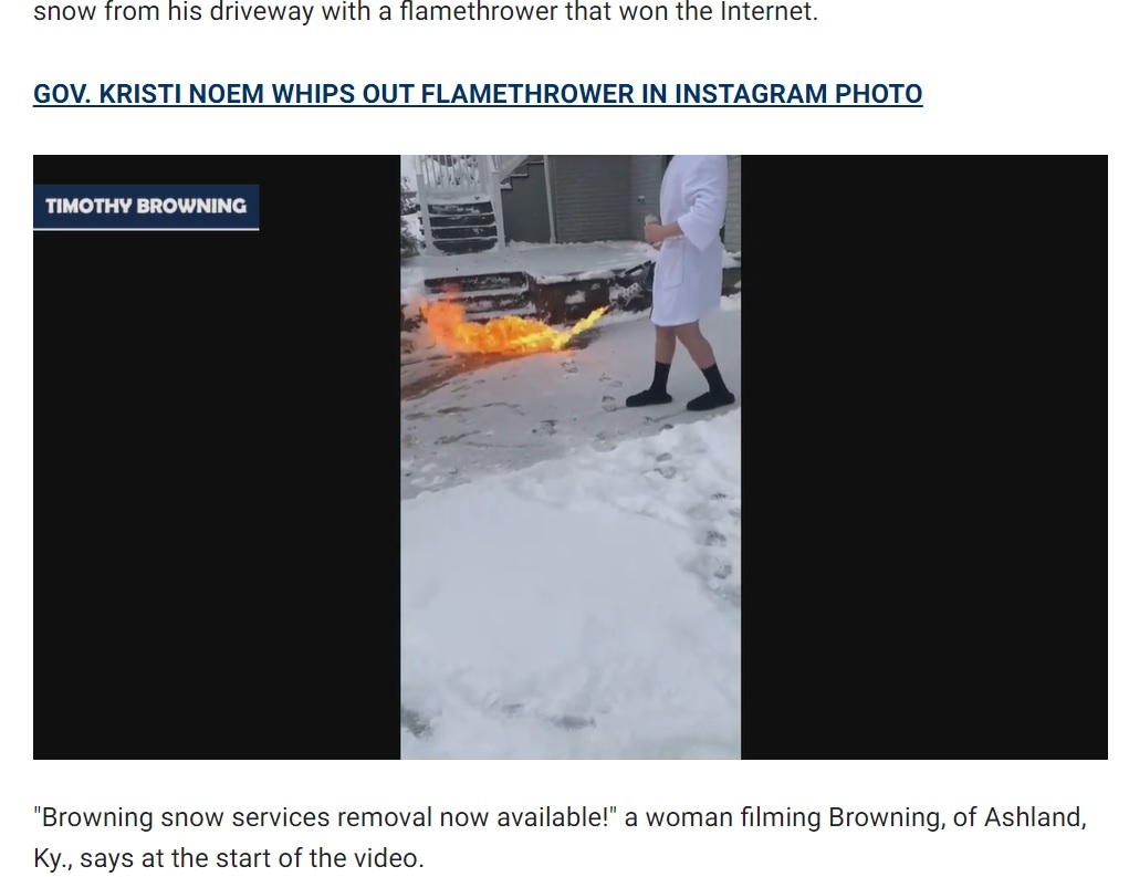 ビールを片手に雪を溶かし始めた男性（画像は『Fox News　2020年12月27日付「Kentucky man goes viral for clearing snowy driveway with flamethrower」』のスクリーンショット）