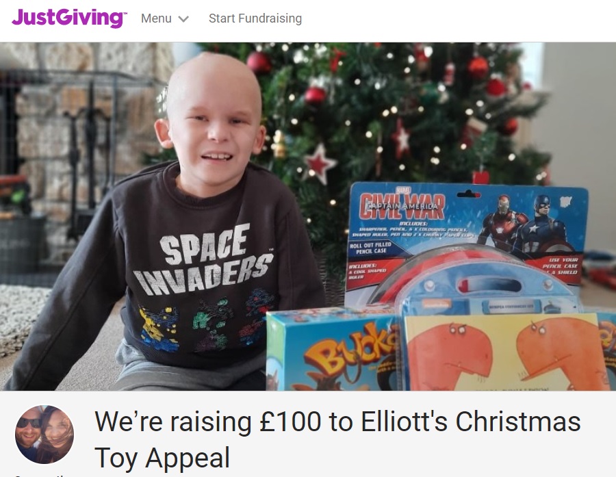 セラピーを受けながらも病気の子のために募金活動などを続ける少年（画像は『JustGiving　2020年12月9日付「We’re raising ￡100 to Elliott’s Christmas Toy Appeal」』のスクリーンショット）