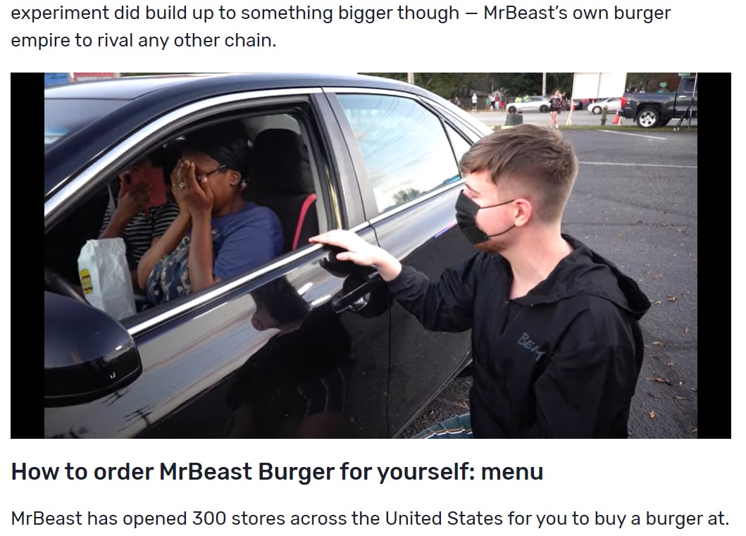 車をプレゼントされた女性は喜びのあまり泣き出してしまった（画像は『Dexerto　2020年12月20日付「What is MrBeast Burger? YouTuber opens up restaurants with free food」』のスクリーンショット）