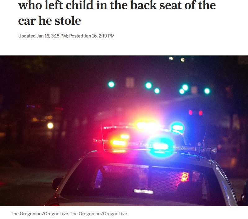 子供は返したものの車を盗んでいった犯人を警察は今も捜索中（画像は『Oregon Live　2021年1月16日付「Thief threatens to call police on mom who left child in the back seat of the car he stole」（The Oregonian/OregonLive）』のスクリーンショット）