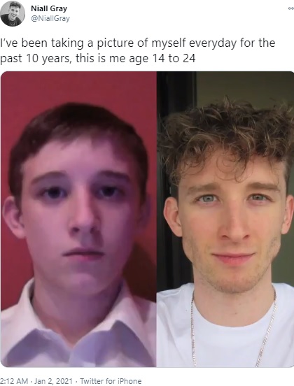 14歳の時と10年後の男性（画像は『Niall Gray　2021年1月2日付Twitter「I’ve been taking a picture of myself everyday for the past 10 years, this is me age 14 to 24」』のスクリーンショット）