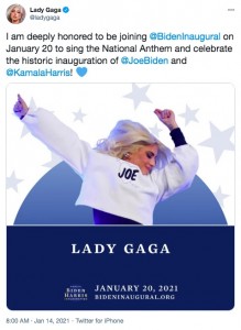 大統領就任式にて国歌を独唱するレディー・ガガ（画像は『Lady Gaga　2021年1月14日付Twitter「I am deeply honored to be joining ＠BidenInaugural on January 20 to sing the National Anthem and celebrate the historic inauguration of ＠JoeBiden and ＠KamalaHarris!」』のスクリーンショット）