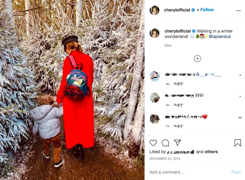 およそ1年前にシェリルが公開したベアくんの後ろ姿（画像は『Cheryl　2019年12月20日付Instagram「Walking in a winter wonderland!」』のスクリーンショット）