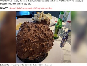 チョコレートに覆われた姿がまるで泥をかぶったように（画像は『Kidspot　2021年1月1日付「Mum’s epic Women’s Weekly Woolworths birthday cake fail goes viral」（Photo: Facebook）』のスクリーンショット）