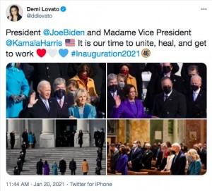 圧巻のパフォーマンスでバイデン大統領就任を祝福したデミ・ロヴァート（画像は『Demi Lovato　2021年1月20日付Twitter「President ＠JoeBiden and Madame Vice President ＠KamalaHarris」』のスクリーンショット）
