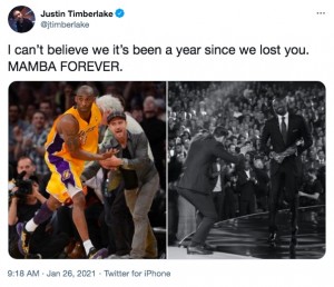 ジャスティン・ティンバーレイクも1周忌にトリビュートツイート（画像は『Justin Timberlake　2021年1月26日付Twitter「I can’t believe we it’s been a year since we lost you.」』のスクリーンショット）