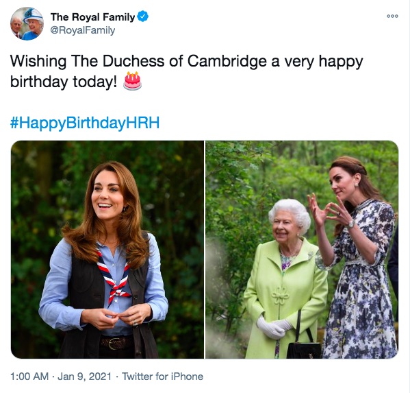 エリザベス女王は2枚の写真とともにキャサリン妃の誕生日を祝福（画像は『The Royal Family　2021年1月9日付Twitter「Wishing The Duchess of Cambridge a very happy birthday today!」』のスクリーンショット）