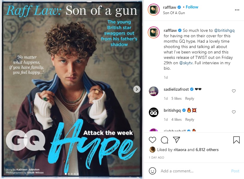 『GQ Hype』のカバーを飾ったラファティ（画像は『Raff Law　2021年1月25日付Instagram「So much love to ＠britishgq for having me on their cover for this months GQ hype.」』のスクリーンショット）