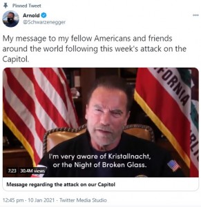 議事堂乱入事件をナチスと比較して話すアーノルド（画像は『Arnold　2021年1月10日付Twitter「My message to my fellow Americans and friends around the world following this week’s attack on the Capitol.」』のスクリーンショット）
