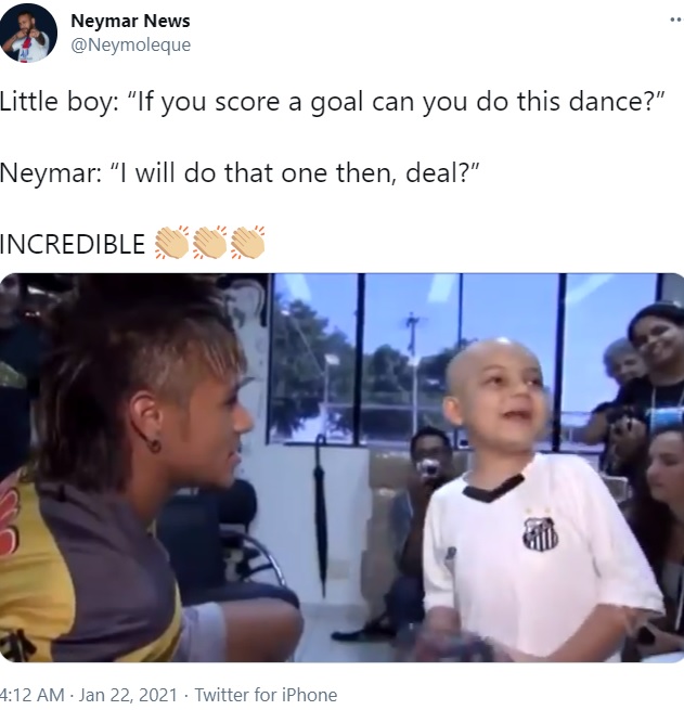 若き日のネイマールとがんを患う少年（画像は『Neymar News　2021年1月22日付Twitter「Little boy: “If you score a goal can you do this dance?”」』のスクリーンショット）