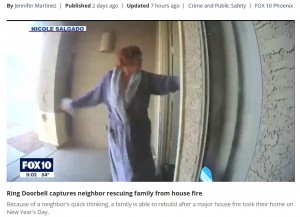 【海外発！Breaking News】背後に炎と煙が迫る中、寝間着姿でドアを叩き続けた勇敢な女性　隣人一家の命を救う（米）＜動画あり＞