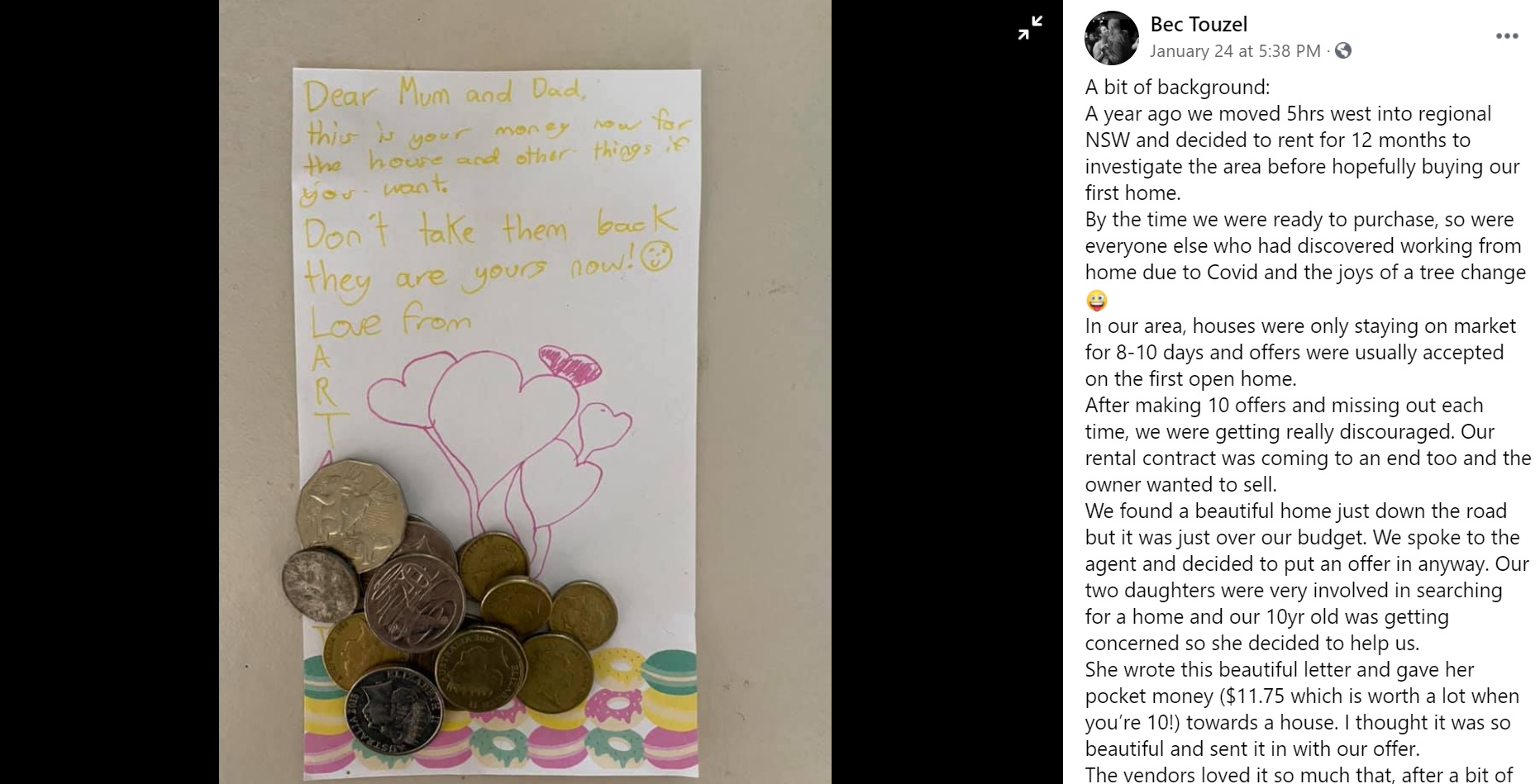 10歳の娘が両親に書いた手紙と、11.75ドル分のコイン（画像は『Bec Touzel　2021年1月24日付Facebook「A bit of background:」』のスクリーンショット）