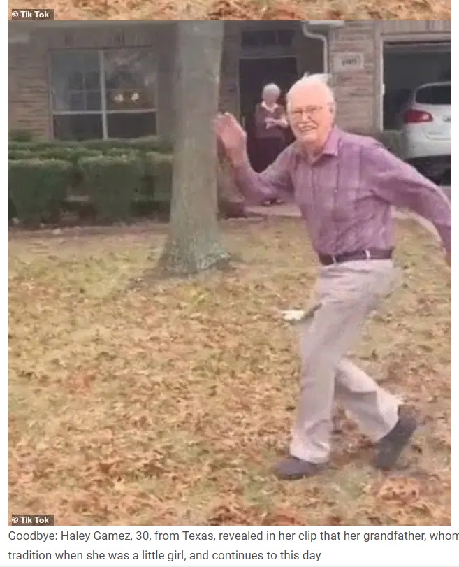 車が発進すると同時に走り出し、孫に手を振る89歳男性（画像は『WhatNew2Day　2021年1月16日付「Beautiful videos of the 89-year-old grandfather’s farewell ritual go viral」（Tik Tok）』のスクリーンショット）