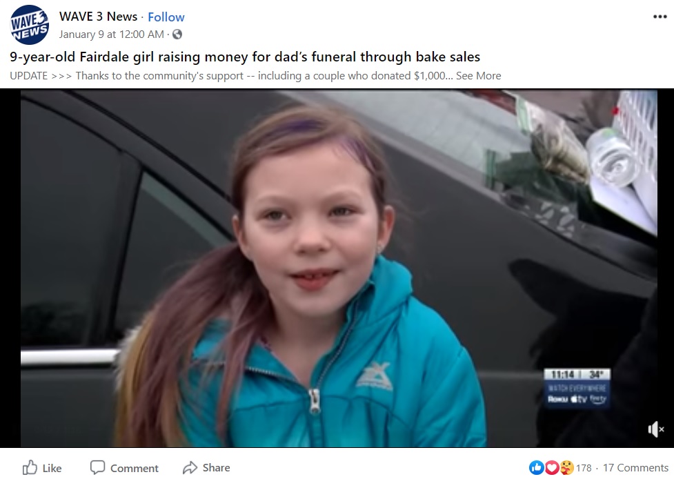 「父のお葬式をしたい」と手作りスイーツを販売した9歳女児（画像は『WAVE 3 News﻿　2021年1月9日付Facebook「9-year-old Fairdale girl raising money for dad’s funeral through bake sales」』のスクリーンショット）