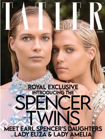 『Tatler』誌3月号の表紙を飾ったアメリア＆イライザ・スペンサー（画像は『Tatler　2021年1月25日付Instagram「Lady Eliza and Lady Amelia Spencer are the March cover.」』のスクリーンショット）
