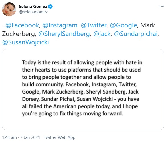 ハイテク企業のCEOを名指したセレーナのツイート（画像は『Selena Gomez　2021年1月7日付Twitter「＠Facebook, ＠Instagram, ＠Twitter, ＠Google, Mark Zuckerberg, ＠SherylSandberg, ＠jack, ＠Sundarpichai, ＠SusanWojcicki」』のスクリーンショット）