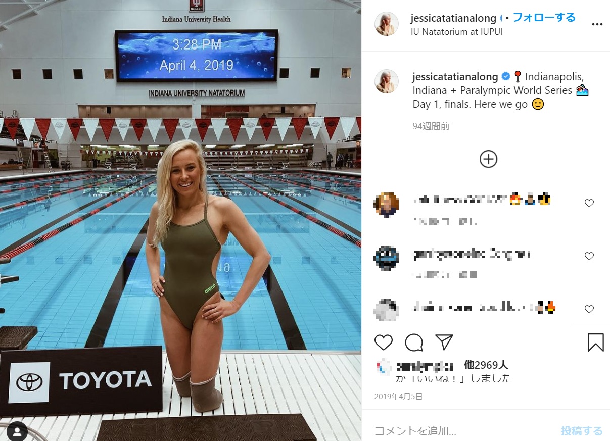 水泳でパラリンピックに出場する実力者のジェシカさん（画像は『Jessica Long　2019年4月5日付Instagram「Indianapolis, Indiana + Paralympic World Series」』のスクリーンショット）