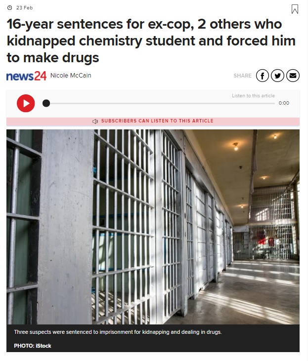 理系だからといって麻薬を製造できるとは限らない（画像は『News24　2021年2月23日付「16-year sentences for ex-cop, 2 others who kidnapped chemistry student and forced him to make drugs」（PHOTO: iStock）』のスクリーンショット）