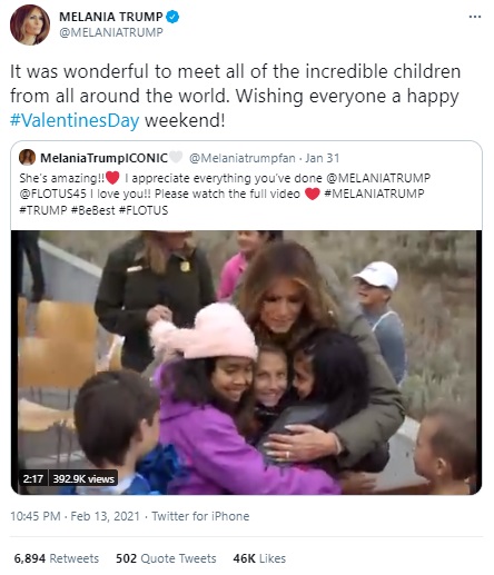 久しぶりのツイートも辛辣コメントが相次ぐ（画像は『MELANIA TRUMP　2021年2月13日付Twitter「It was wonderful to meet all of the incredible children from all around the world.」』のスクリーンショット）