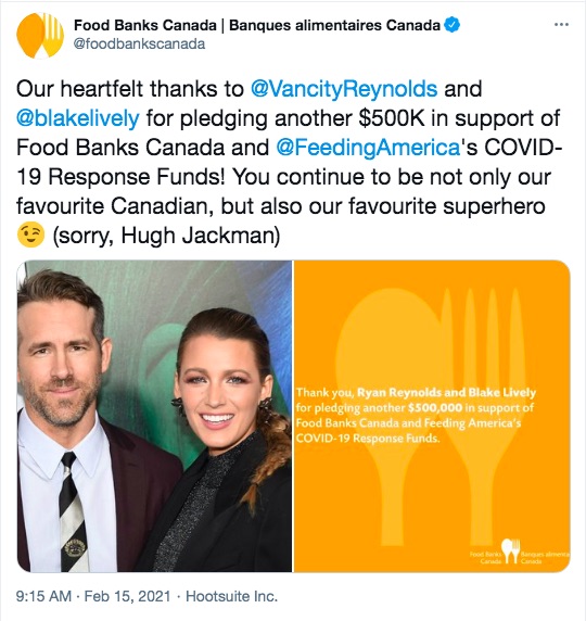 「フードバンクス・カナダ」が夫妻に感謝のツイート（画像は『Food Banks Canada | Banques alimentaires Canada　2021年2月15日付Twitter「Our heartfelt thanks to ＠VancityReynolds and ＠blakelively for pledging another ＄500K in support of Food Banks Canada and ＠FeedingAmerica’s COVID-19 Response Funds!』のスクリーンショット）