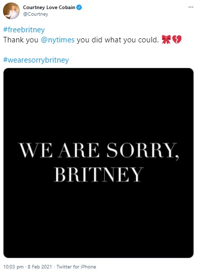 ツイッターでブリトニーへの支持を伝えたコートニー・ラブ（画像は『Courtney Love Cobain　2021年2月8日付Twitter「Thank you ＠nytimes you did what you could.」』のスクリーンショット）