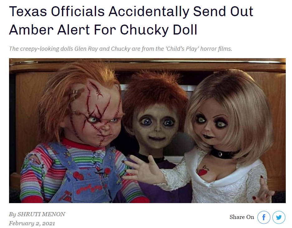 容疑者として扱うには怖すぎるキャラクター？（画像は『Trinikid　2021年2月2日付「Texas Officials Accidentally Send Out Amber Alert For Chucky Doll」』のスクリーンショット）