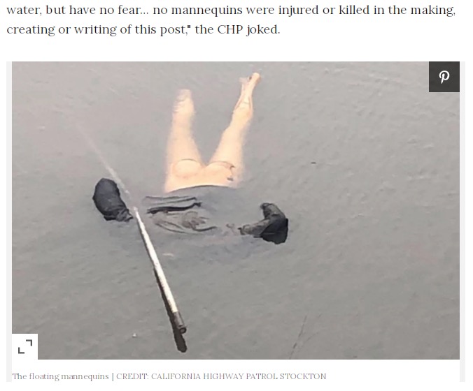 川に浮かぶマネキンの一部（画像は『People.com 2021年2月16日付「Floating Mannequin Limbs Mistaken for Human Bodies in Northern Calif. Canal: ‘Only in Stockton’」（CREDIT: CALIFORNIA HIGHWAY PATROL STOCKTON）』のスクリーンショット）
