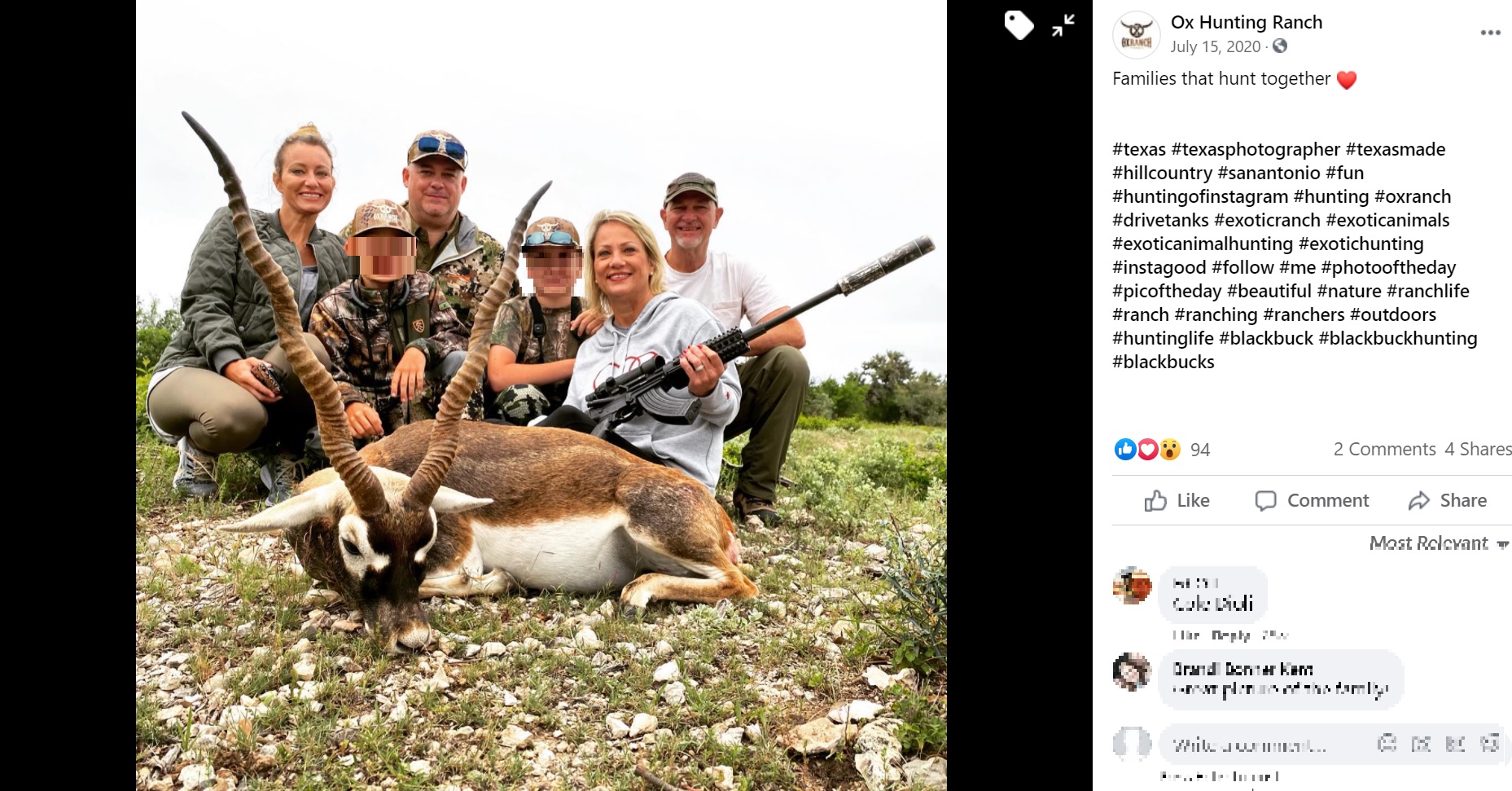 ハンティングを楽しんだという家族（画像は『Ox Hunting Ranch　2020年7月15日付Facebook』のスクリーンショット）