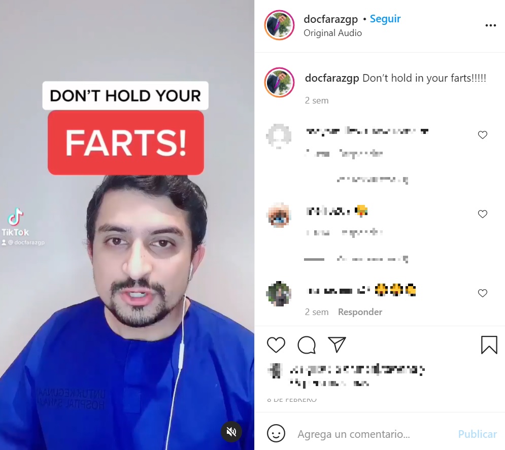 「おならは我慢しないほうがいい」と理由を説明する英医師（画像は『DocFarazGP　2021年2月8日付Instagram「Don’t hold in your farts!!!!!」』のスクリーンショット）