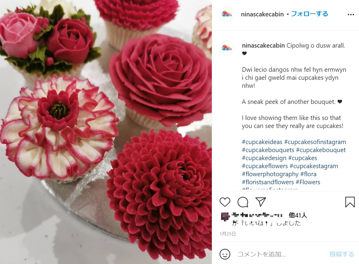 花をモチーフにしたカップケーキも本物ソックリ（画像は『Nina Evans Williams　2021年1月25日付Instagram「Cipolwg o dusw arall」』のスクリーンショット）