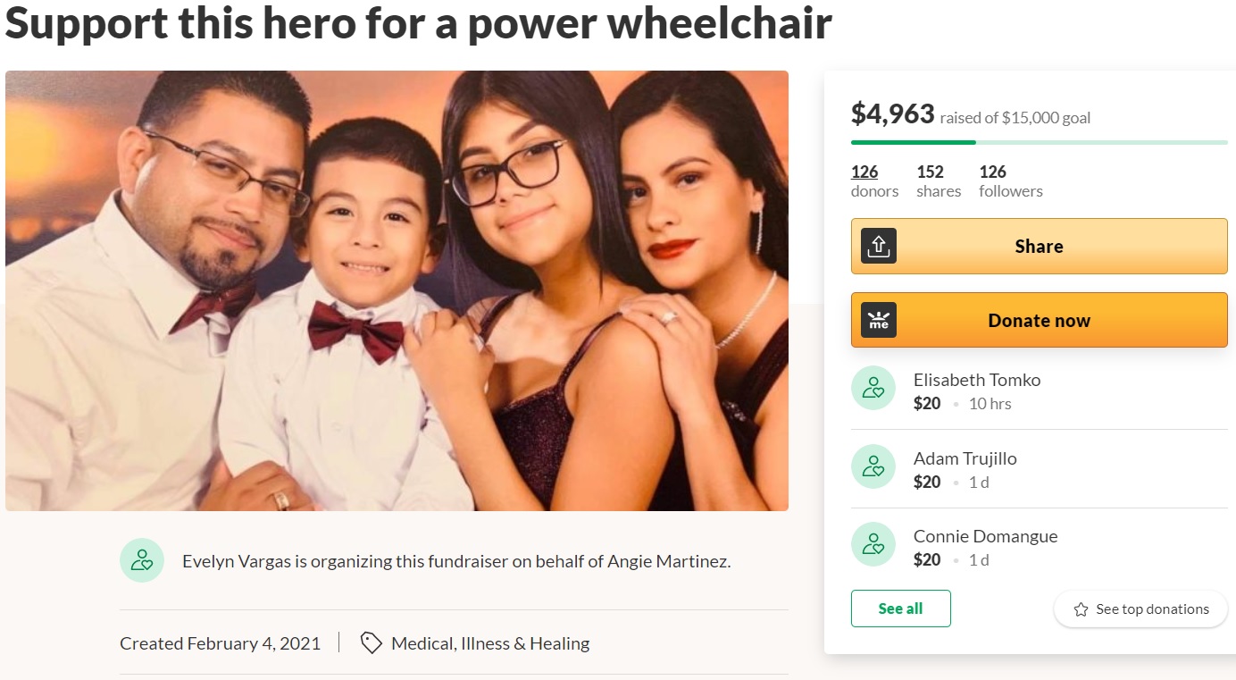 マイケル君の電動車椅子購入のためにクラウドファンディングサイトで寄付を募る（画像は『GoFundMe　2021年2月4日付「Support this hero for a power wheelchair」』のスクリーンショット）