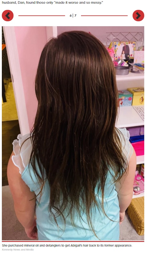 20時間にも及ぶリサさんの奮闘のおかげで、アビゲイルちゃんの美しい髪が元通りに（画像は『New York Post　2021年2月1日付「Mom spent 20 hours detangling daughter’s hair after freak toy incident」（Kennedy News and Media）』のスクリーンショット）