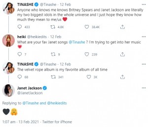ティナーシェのツイートにジャネットが絵文字で反応（画像は『TINASHE　2021年2月12日付Twitter「Anyone who knows me knows Britney Spears and Janet Jackson are literally my two biggest idols in the whole universe and I just hope they know how much they mean to me/us」』のスクリーンショット）