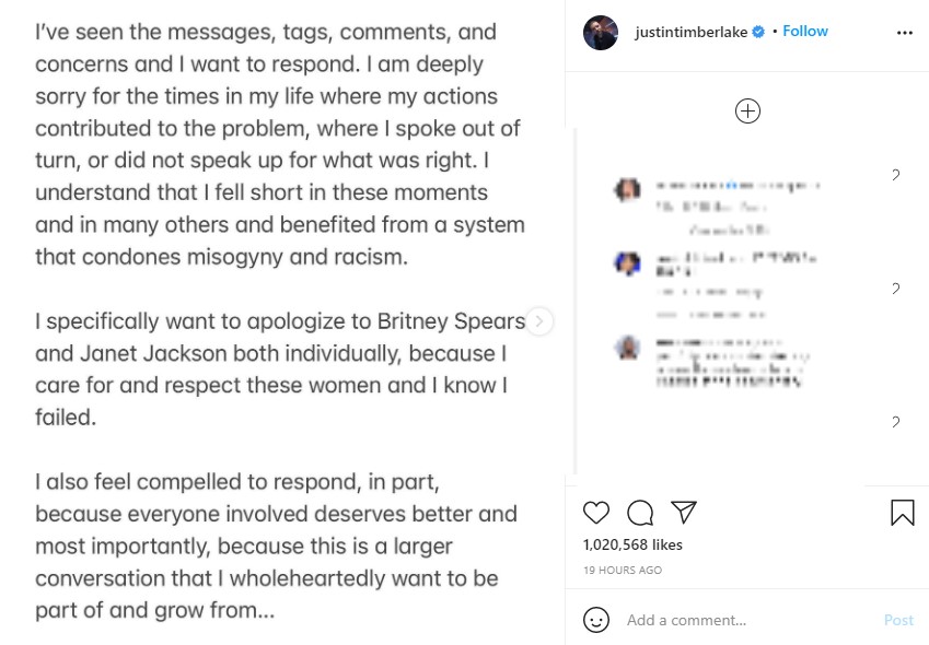 Instagramで過去の過ちを謝罪したジャスティン・ティンバーレイク（画像は『Justin Timberlake　2021年2月12日付Instagram』のスクリーンショット）