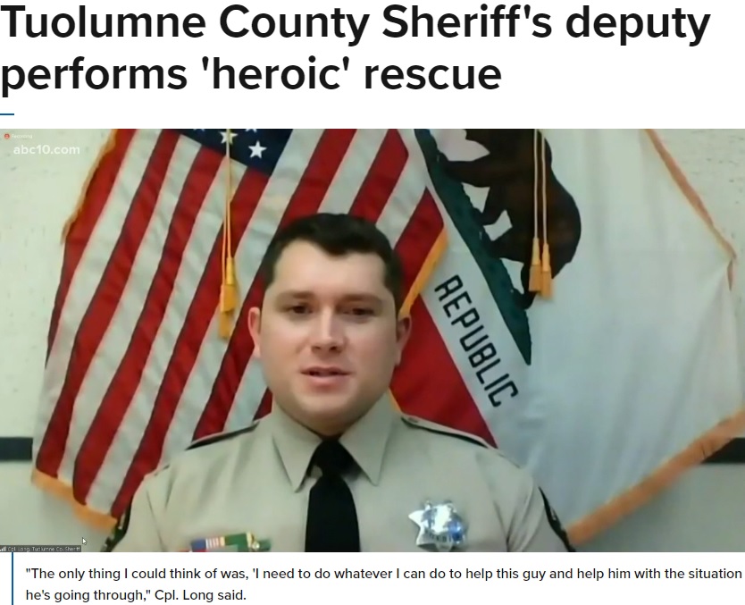 男性を救ったロング巡査長（画像は『ABC10　2021年2月9日付「Tuolumne County Sheriff’s deputy performs ‘heroic’ rescue」』のスクリーンショット）